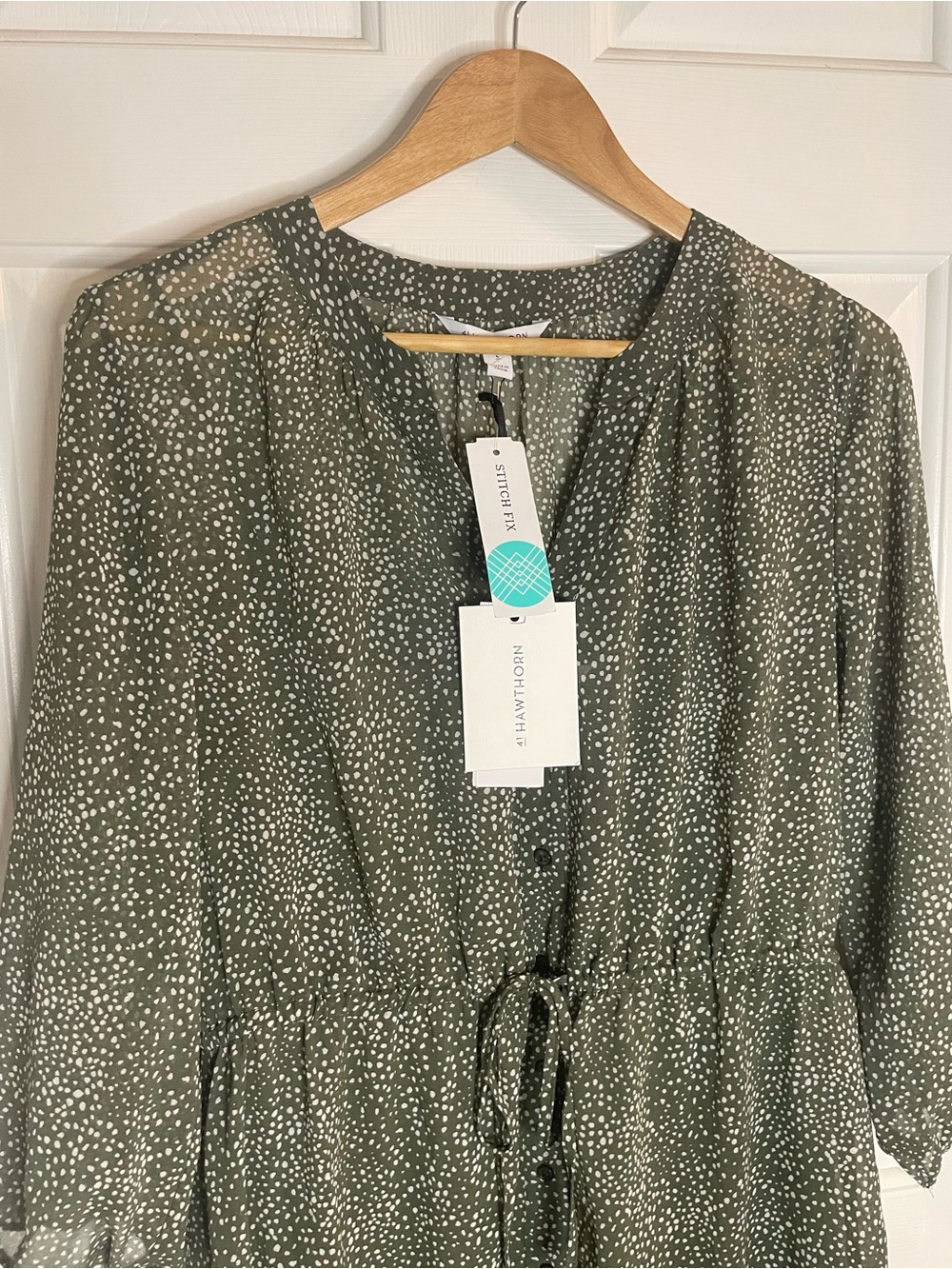 41 Hawthorn Olive Green chiffon Midi Dress with White Dot Print Size Large new - Picture 4 of 9